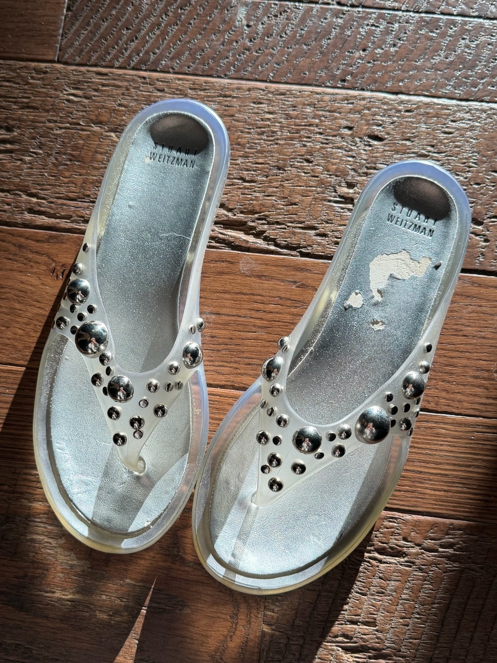 Stuart Weitzman Clear Jelly Sandals with Silver Stud Accents